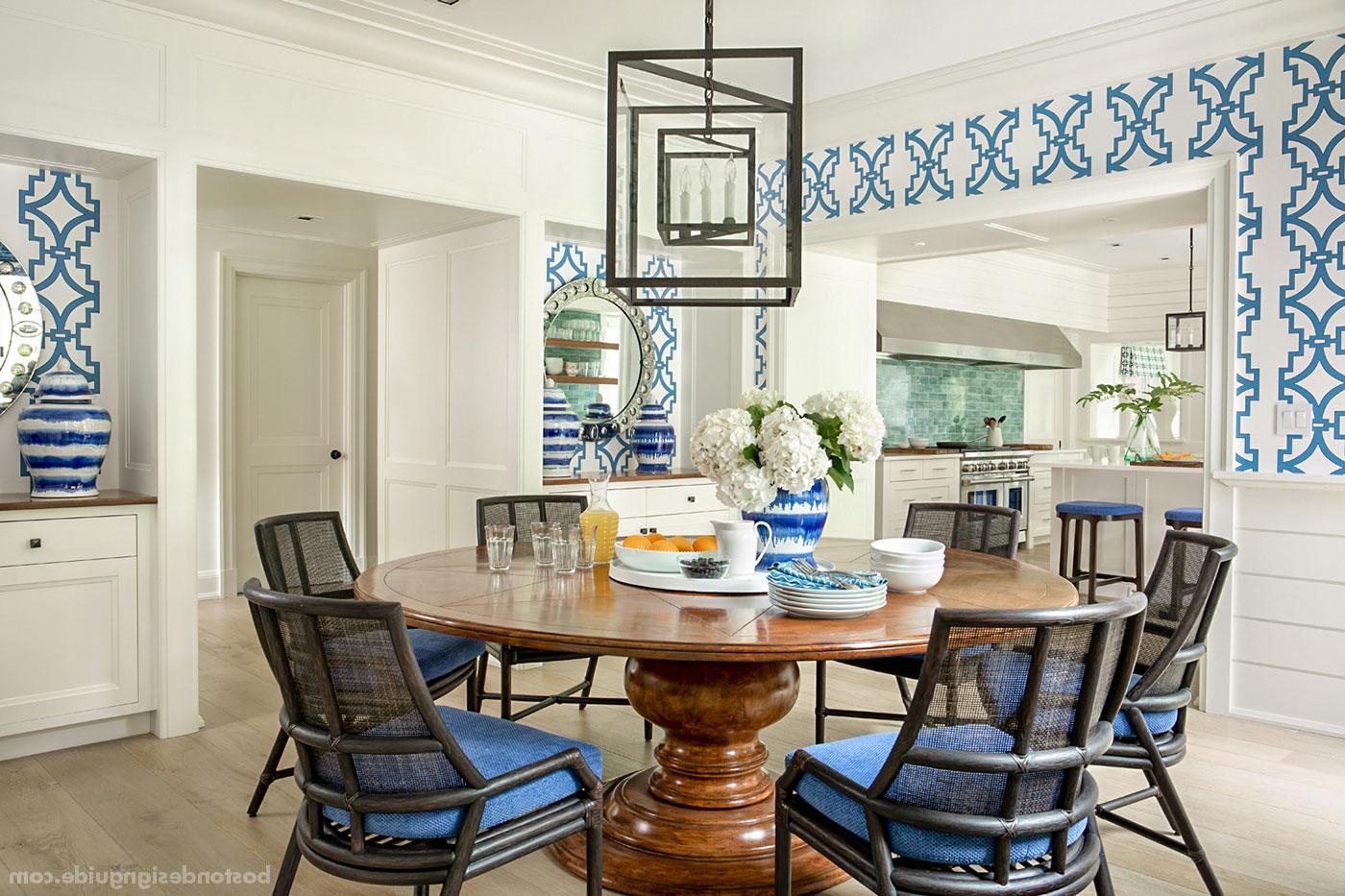Casual Cape Cod blue and white dining room with bold patterns